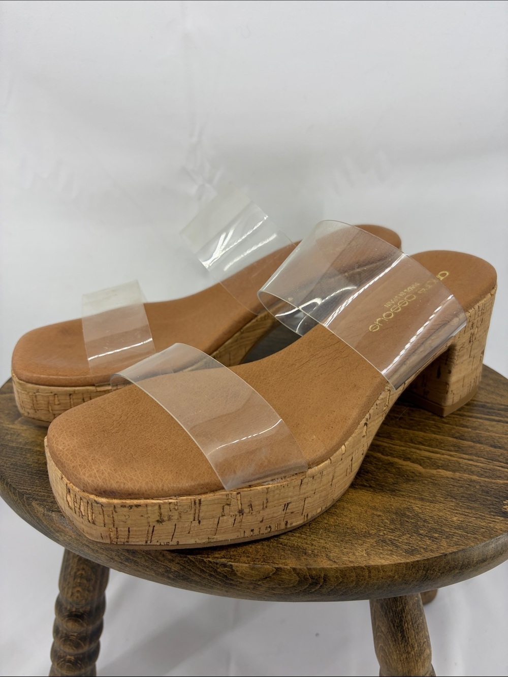 Andre Assous Cairo Cork Platform Sandals w/ 2 Clear Vinyl Straps, Womens 37